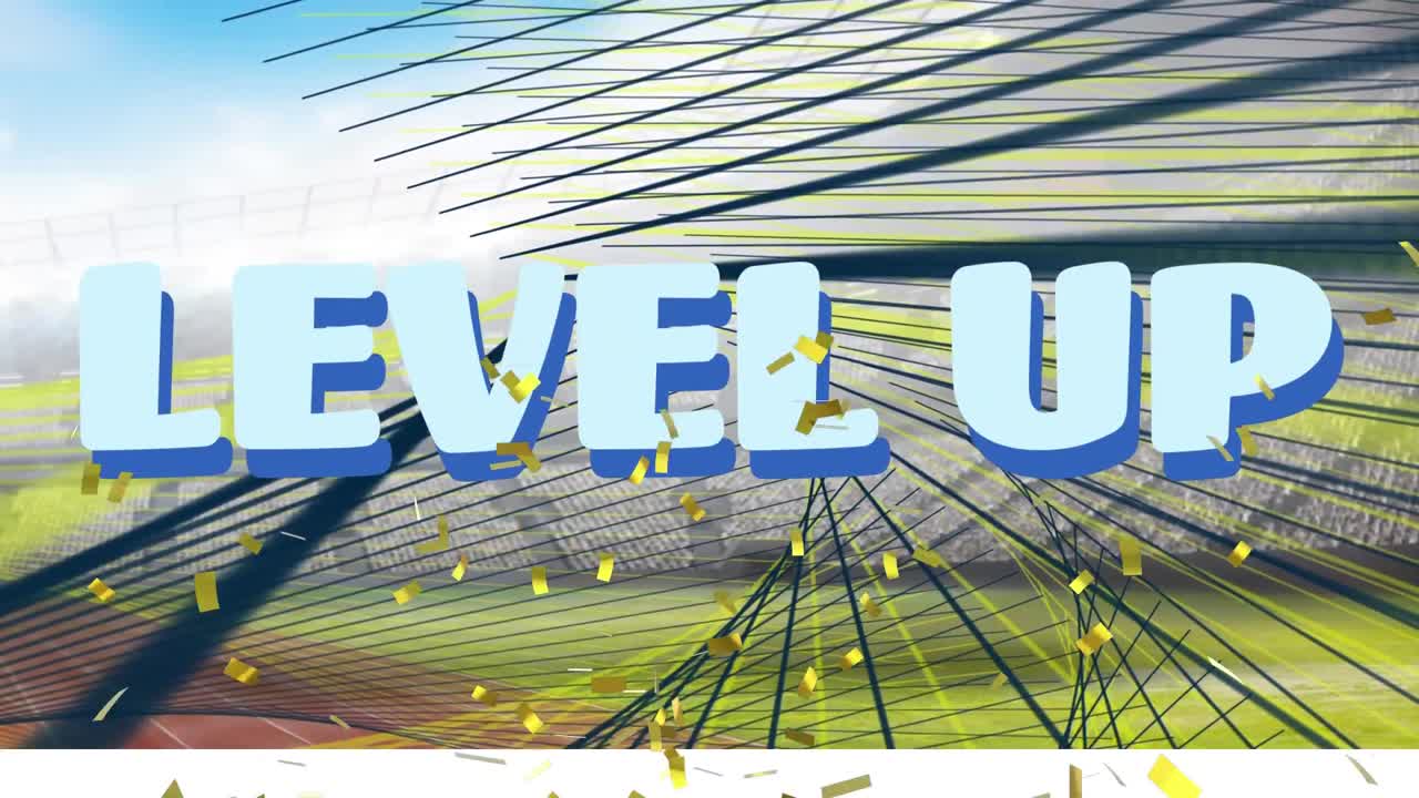 스포츠 경기장 위에 단어 레벨을 올리고 금 콘페티의 애니메이션