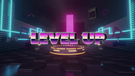 animación de iconos de juegos y texto de nivel sobre formas de neón