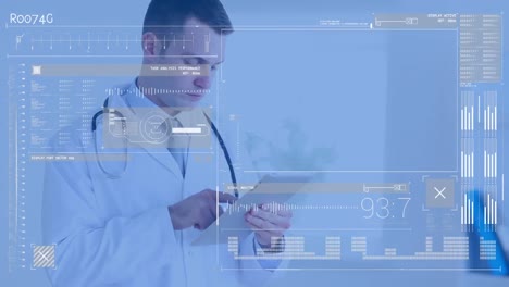 animation of interface with data processing against caucasian male doctor using digital tablet