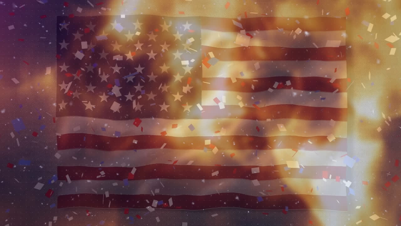 Animation of gold confetti falling and pattern over flag of usa