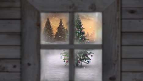 Animation of snow falling over christmas tree and winter scenery seen through window