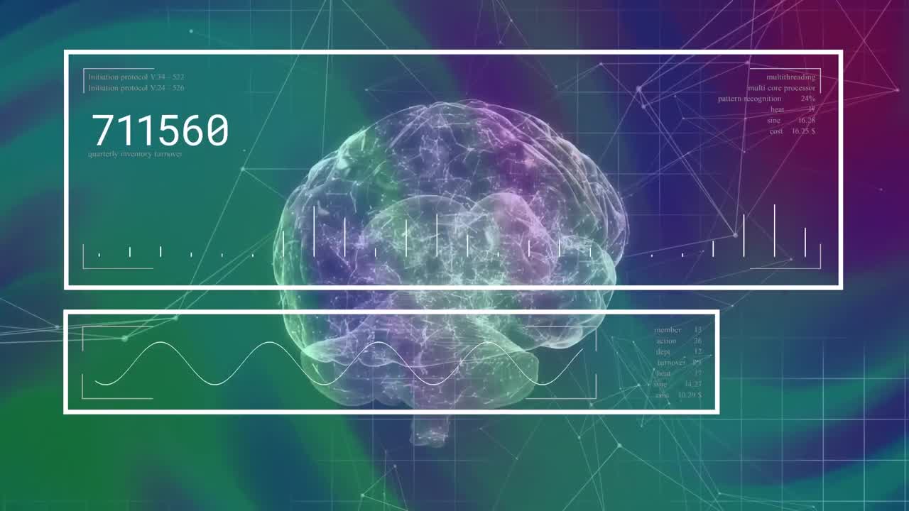 Animation of interface with data processing over human brain icon against gradient background