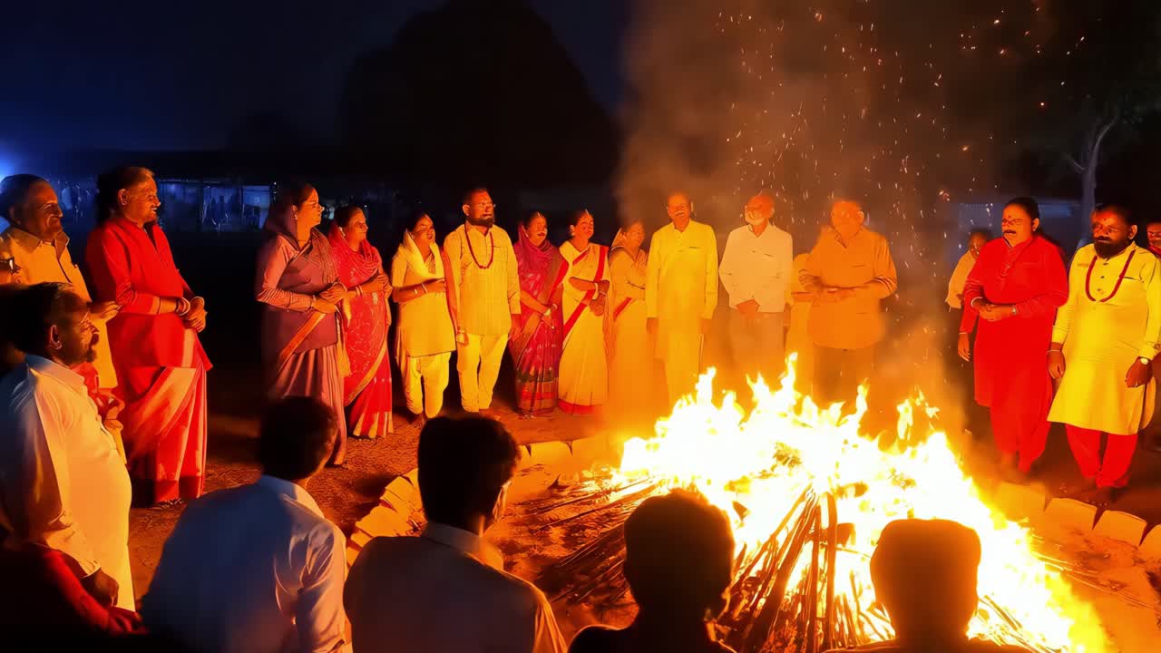 밤 에 불꽃 을 둘러싼 지역 사회 의 축제
