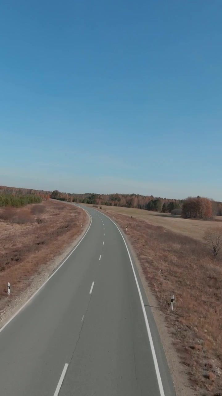 Riprese con drone di una strada di campagna deserta a due corsie che si snoda attraverso campi secchi e una foresta autunnale sotto un cielo azzurro e limpido, concetto di viaggio e trasporto, spazio per il testo.