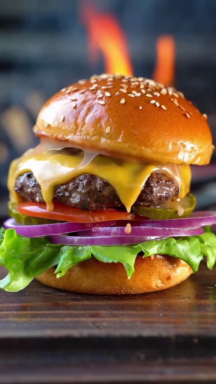 Lækker cheeseburgerbøf grilles over åben ild med smeltende ost