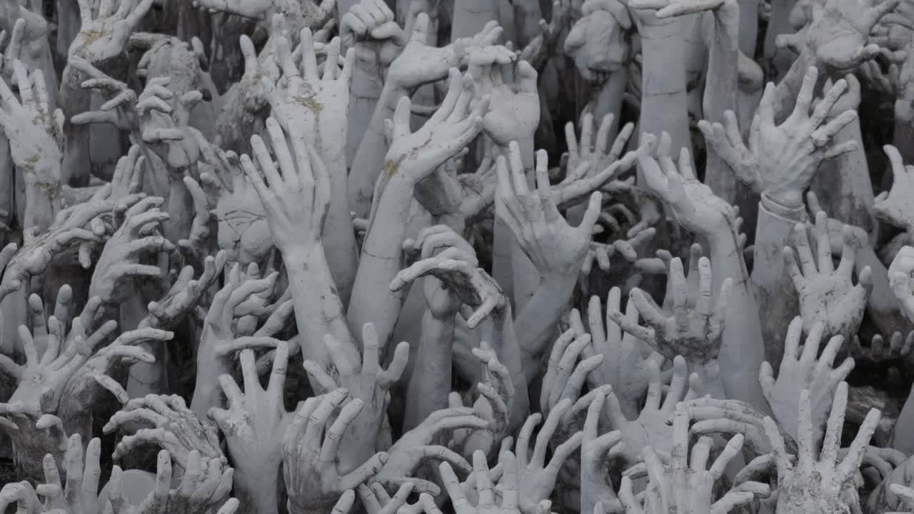 Outstretched sculpted hands at the White Temple in Chiang Rai, Thailand, with visible feet moving on the bridge above the intricate design