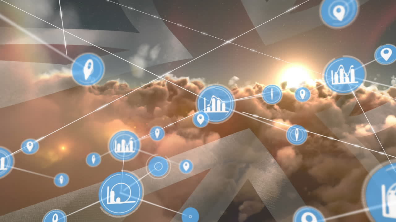 영국과 하늘의  ⁇ 발 위의 아이콘과 연결 네트워크의 애니메이션