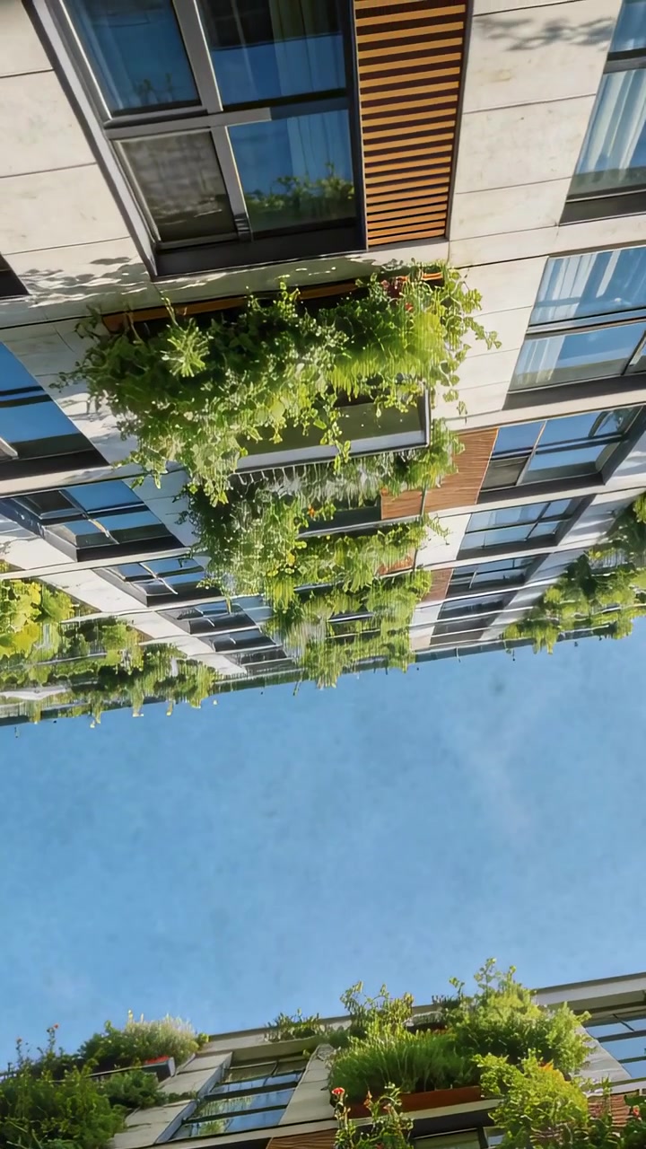Vídeo vertical: Câmera inclinando revelando fachadas de edifícios com plantas em um pátio, mostrando floreiras.