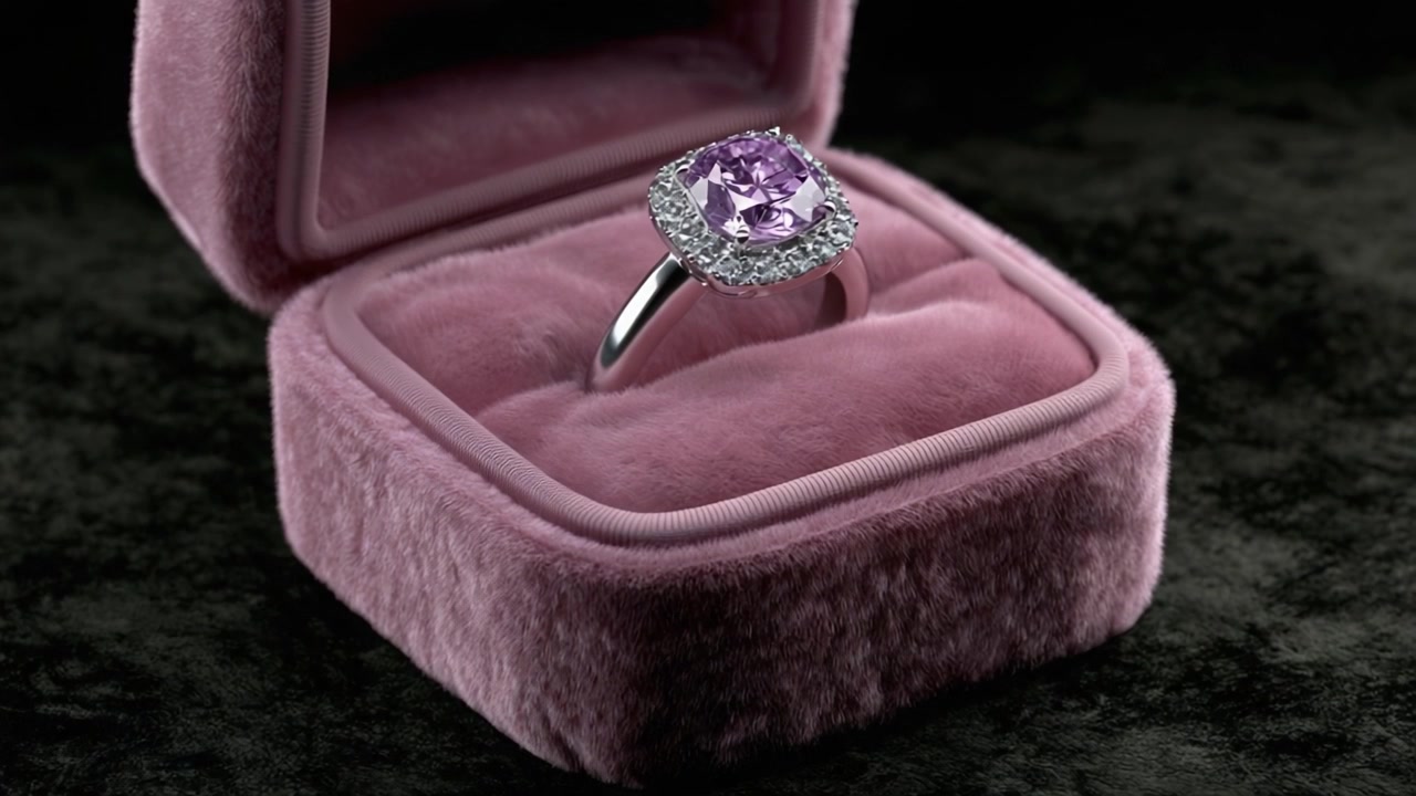 Squisito anello con gemma viola esposto elegantemente in una scatola di velluto morbido, che illustra lusso e raffinatezza nel design di gioielli.