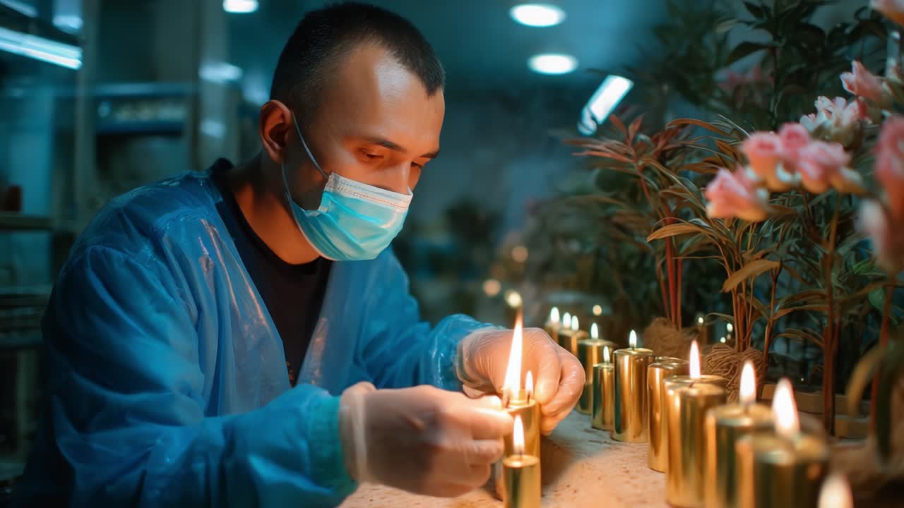 Candle Preparation: A Focused Artisan Carefully Lighting Candles in a Serene Environment, Surrounded by Lush Greenery and Delicate Flowers, Highlighting the Intricate Art of Candle Making