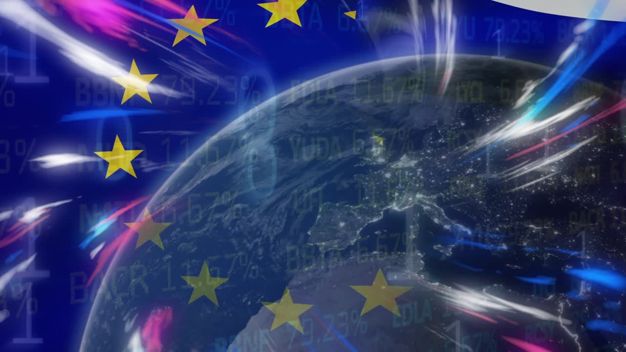Animazione di scie luminose e un globo sulla bandiera dell'UE e la borsa valori