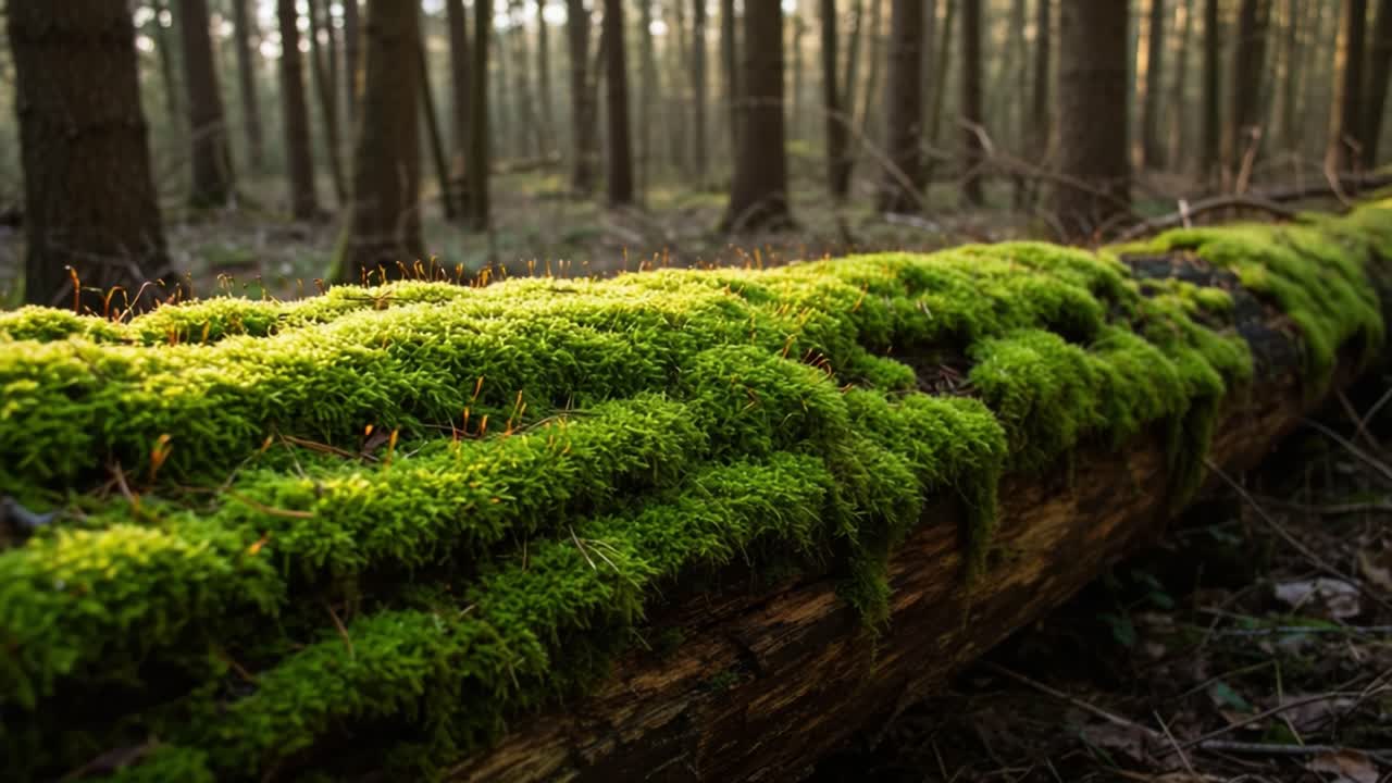 A Serene Forest Scene Highlighting a Moss-Covered Log Bathed in Soft, Warm Light, Surrounded by Tall Trees and the Tranquil Beauty of Nature
