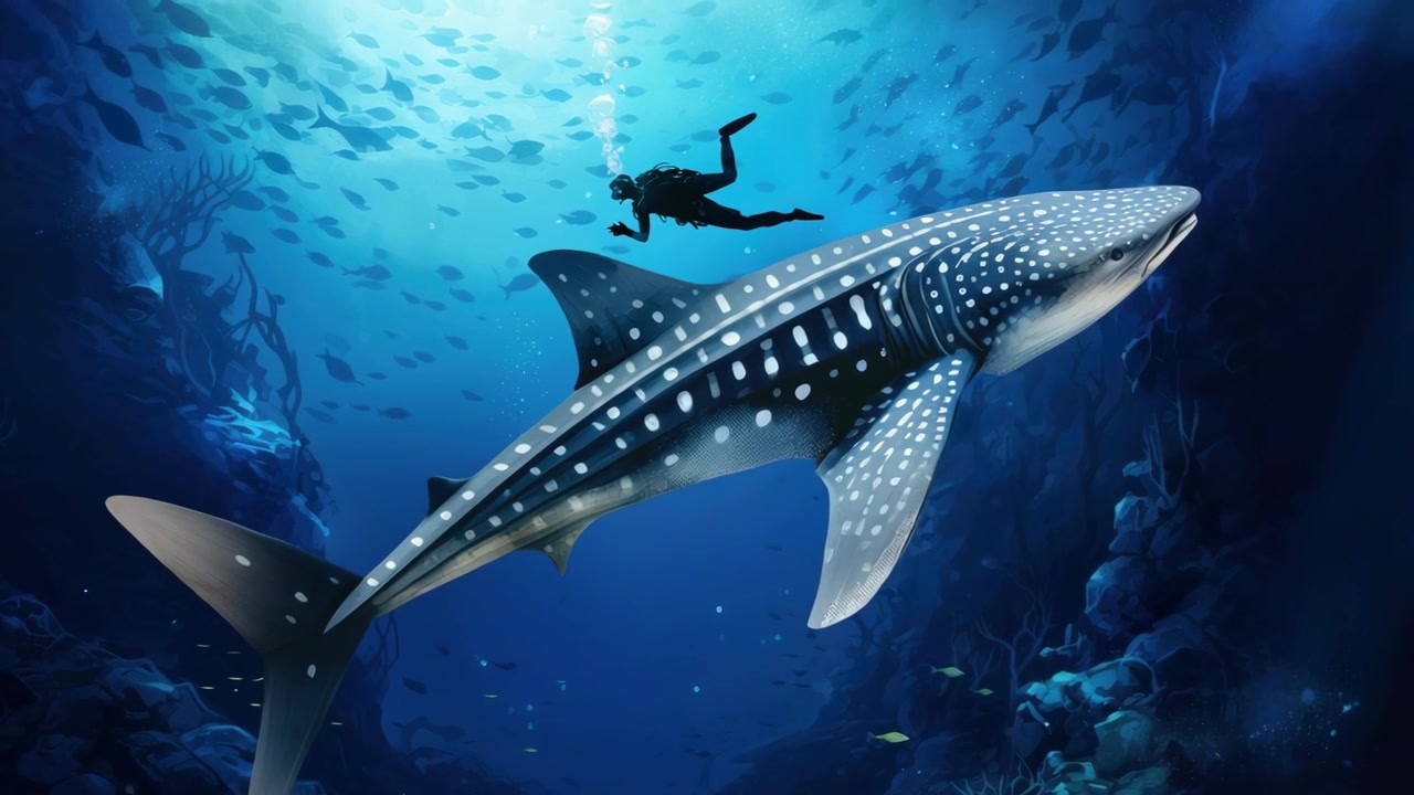 Diver Swimming Alongside a Majestic Whale Shark in the Deep Blue Ocean