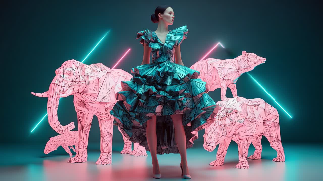 Fashionable Woman Surrounded by Origami Animals in Neon Light