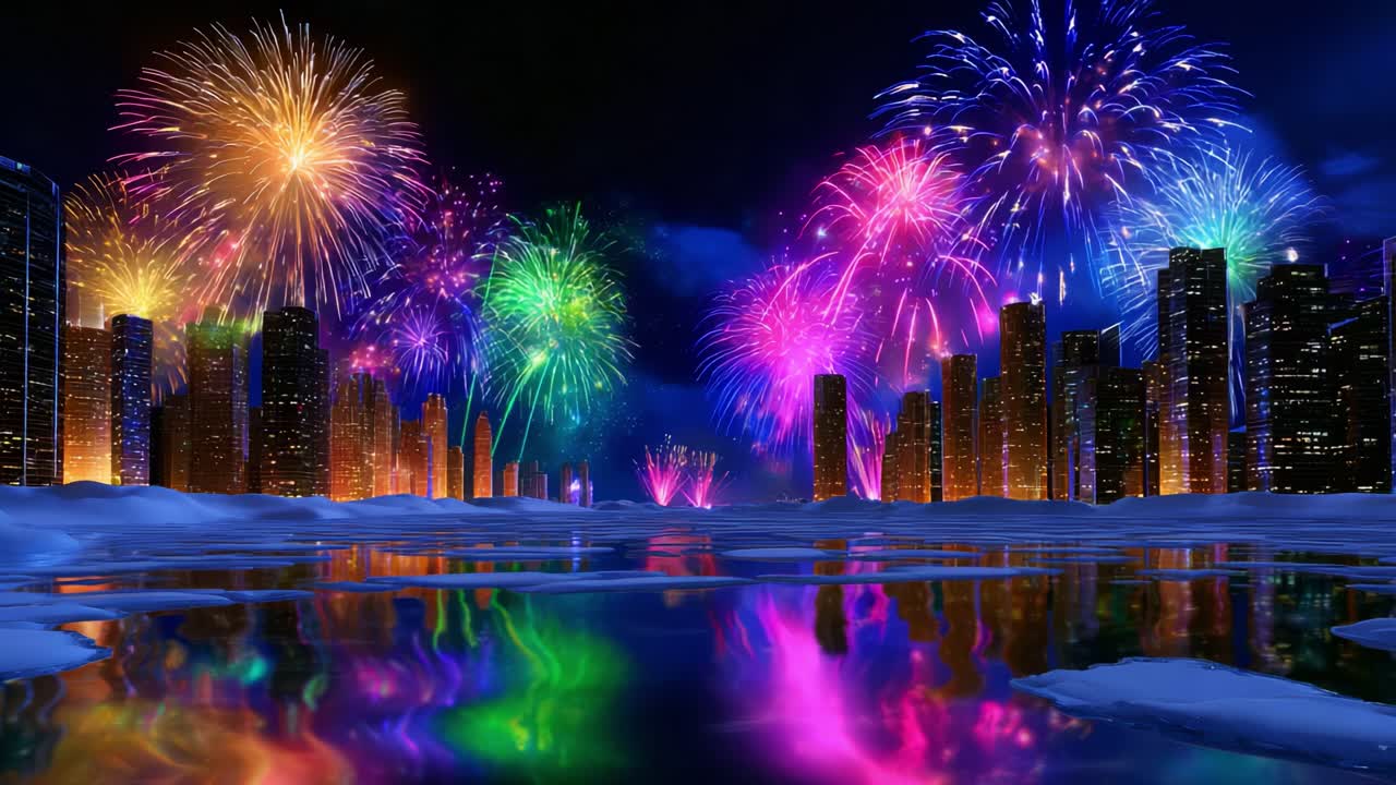 A Vibrant Evening Displaying Spectacular Fireworks Illuminating a City's Skyline Reflected in Water, Creating a Stunning Colorful Landscape at Night with a Magical Atmosphere