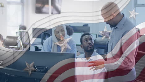 animation of flag of usa over diverse business people in office