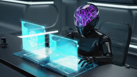 robot interacting with holographic interface in a futuristic setting