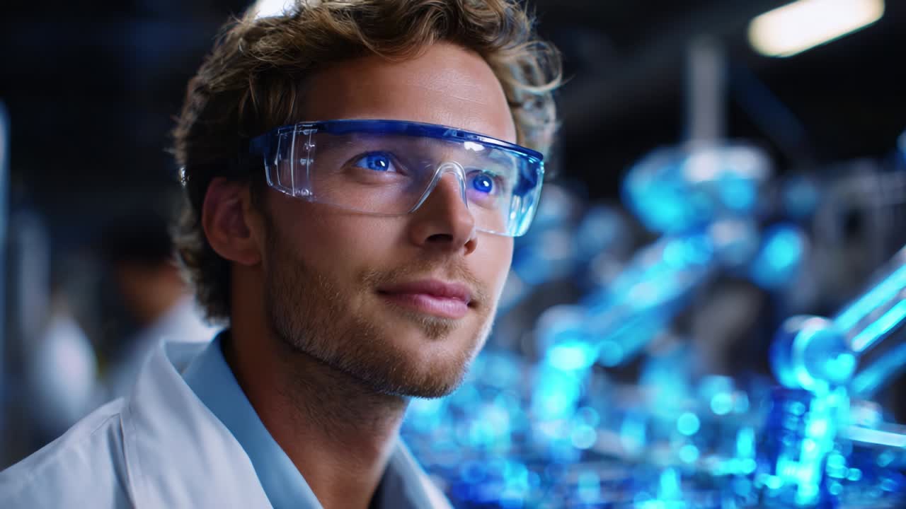 A thoughtful scientist in a laboratory is deeply engaged in research, examining the intricate workings of advanced technology while surrounded by glowing equipment and an atmosphere of innovation and discovery