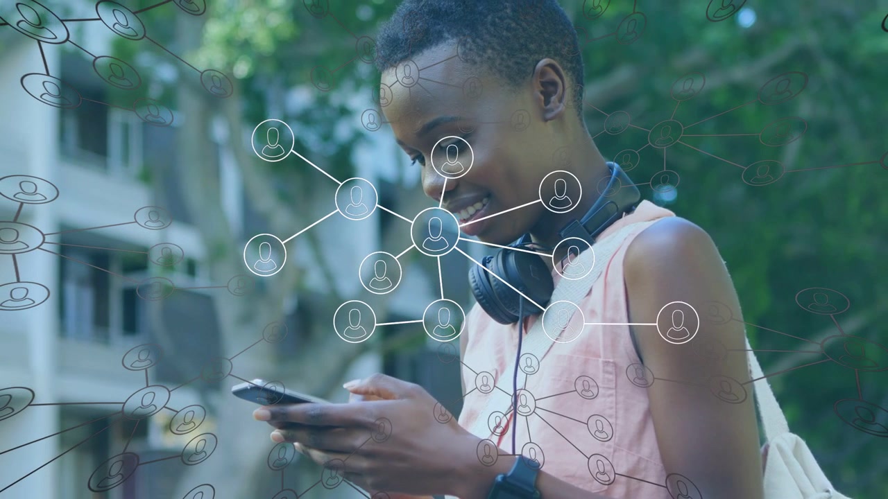 Student woman tapping phone in education, network overlay expanding over phone, showing connection
