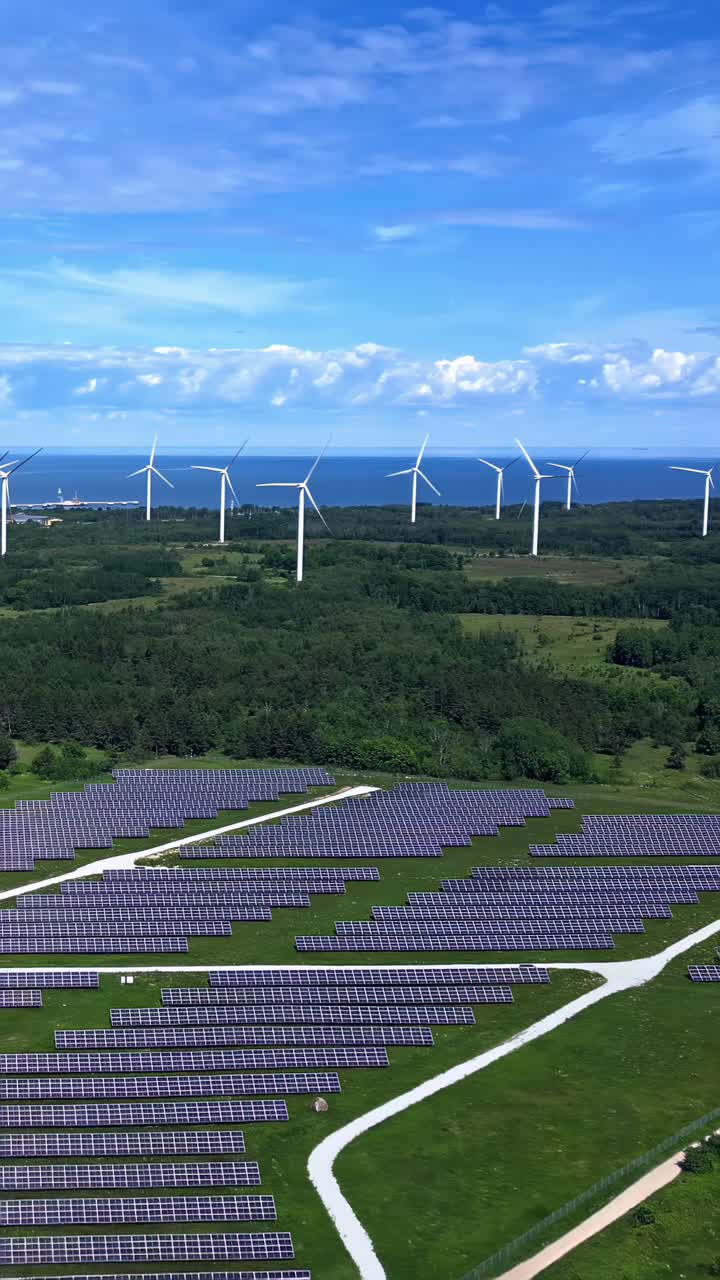 Wind farm solar panel renewable green electricity production park facility, aerial timelapse