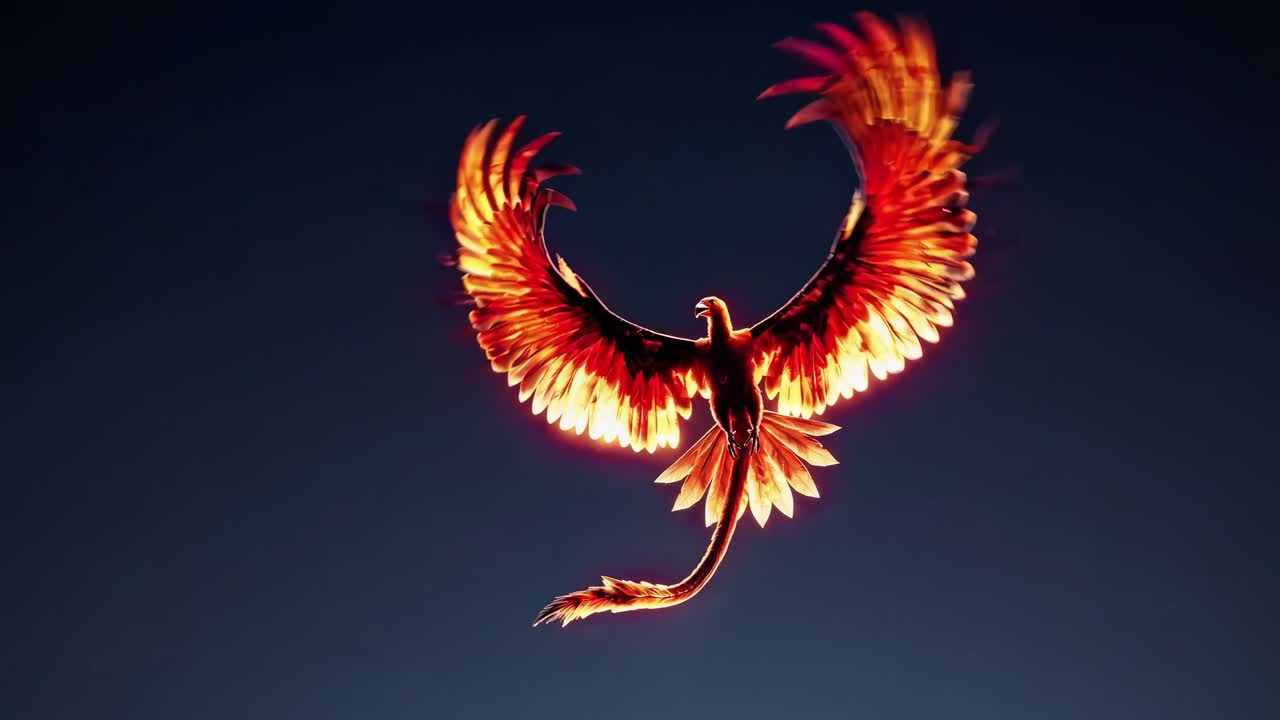 A glowing phoenix in flight against a dark sky, captured from a low-angle