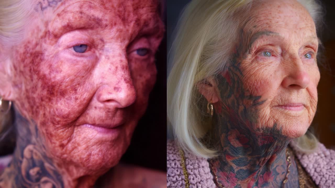 A Journey Through Time: The Evolving Beauty and Wisdom of an Elderly Woman with Intricate Tattoos Showcasing Her Unique Story and Life Experiences in a Captivating Transformation