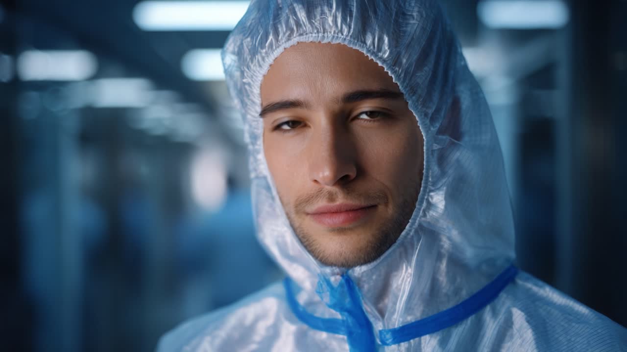 Persona concentrata in abbigliamento protettivo, che dimostra impegno per la sicurezza e l'igiene in un ambiente clinico o di laboratorio con uno sguardo determinato e un portamento professionale