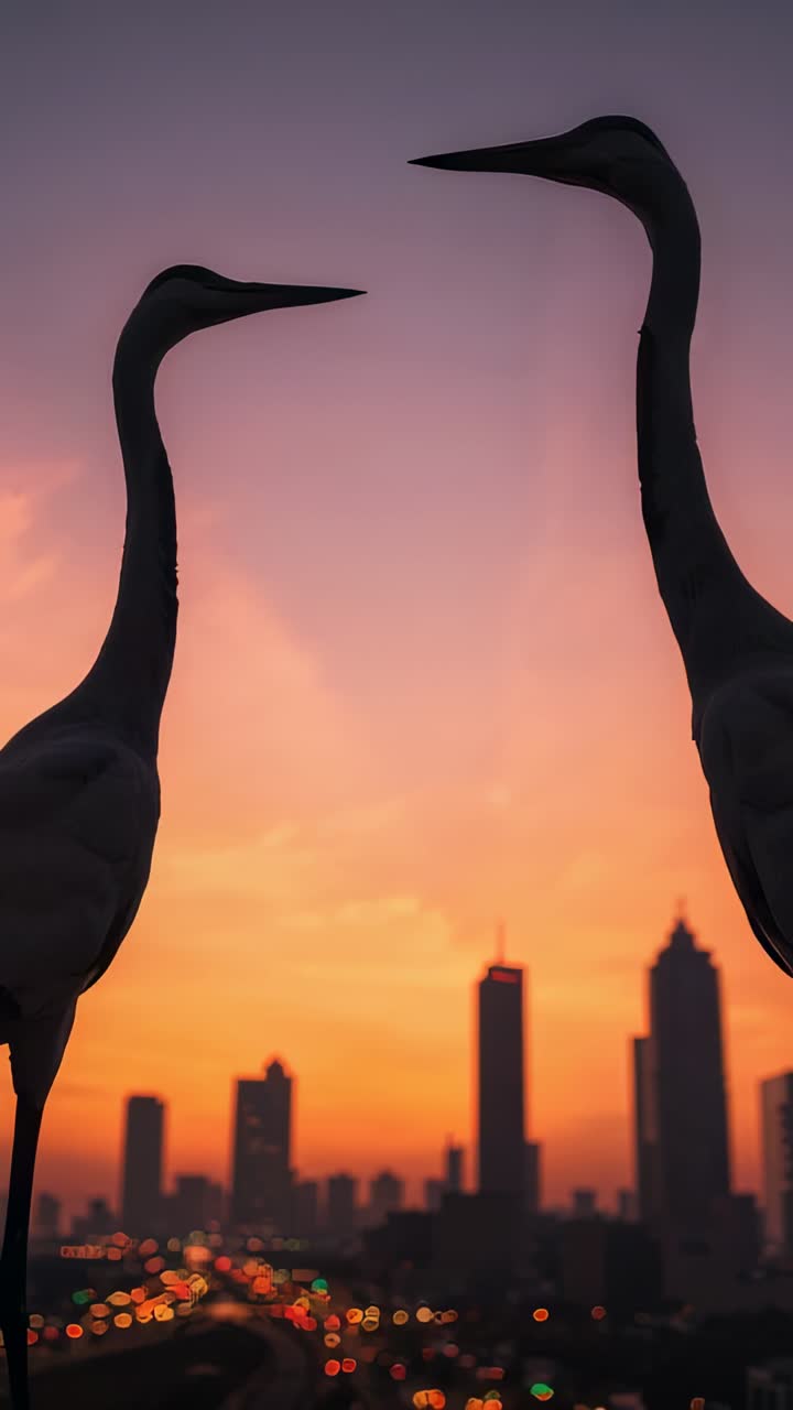 Vertical video: Sunset drawing two heron silhouettes heads tilting framing skyline with city lights