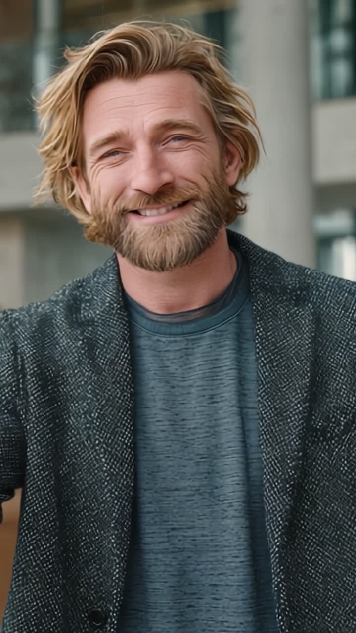 En munter mann med skjegg og stilig antrekk smiler selvsikkert til kameraet i et moderne og lyst bymiljø, og fanger et øyeblikk av glede og positivitet