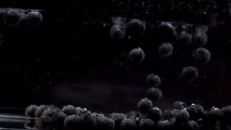 slow motion of blueberries floating into water against black background