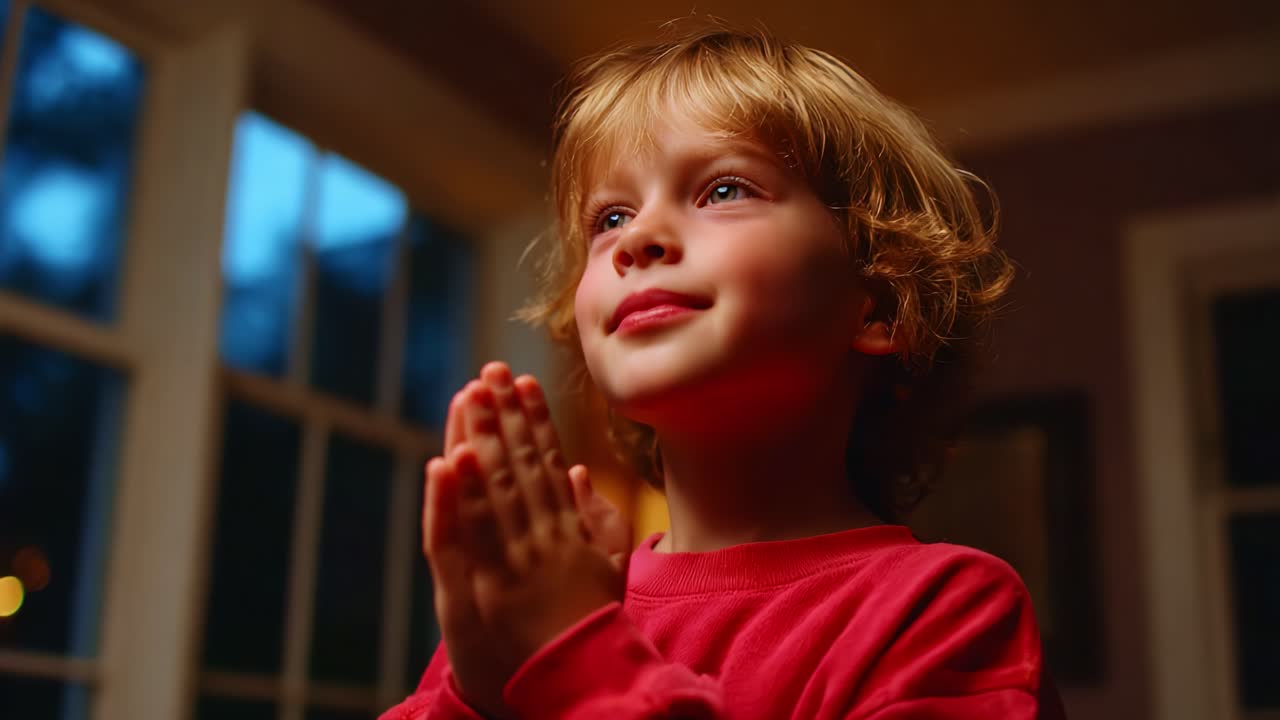 A Thoughtful Child in Prayer: Capturing the Innocence and Wonder of Youth as a Young Boy with Curly Hair Closes His Eyes in Reflection During a Peaceful Moment of Contemplation in Soft Light