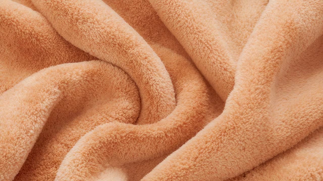 Immagine di un tessuto in pile color pesca-beige che si muove su un tavolo, mostrando il pelo grazie ai sottili cambiamenti di luce