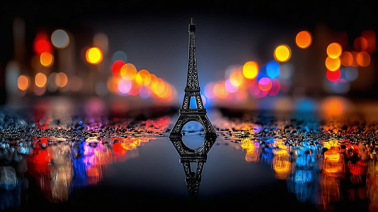 Bellissimo riflesso di una Torre Eiffel in miniatura circondata da luci bokeh colorate su una superficie bagnata dalla pioggia di notte, catturando l'essenza del romanticismo e del fascino