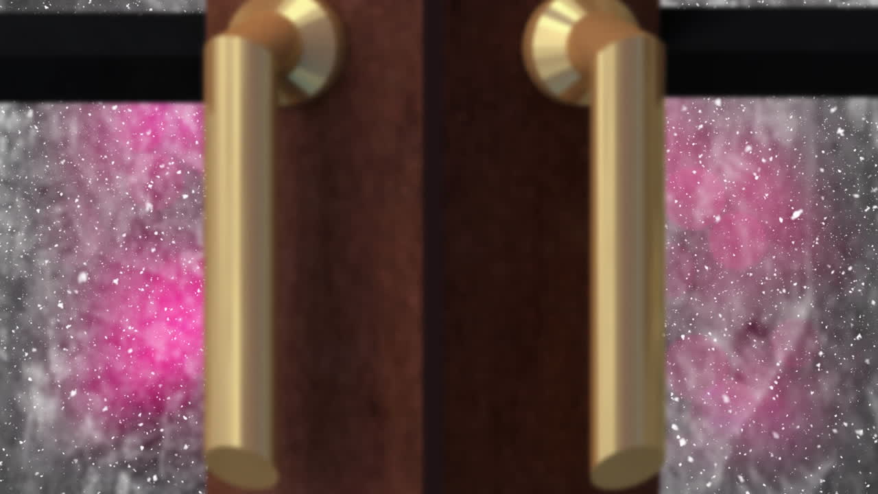 animación digital del árbol de navidad y el marco de la ventana de madera contra la nieve que cae