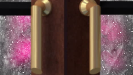 digital animation of christmas tree and wooden window frame against snow falling