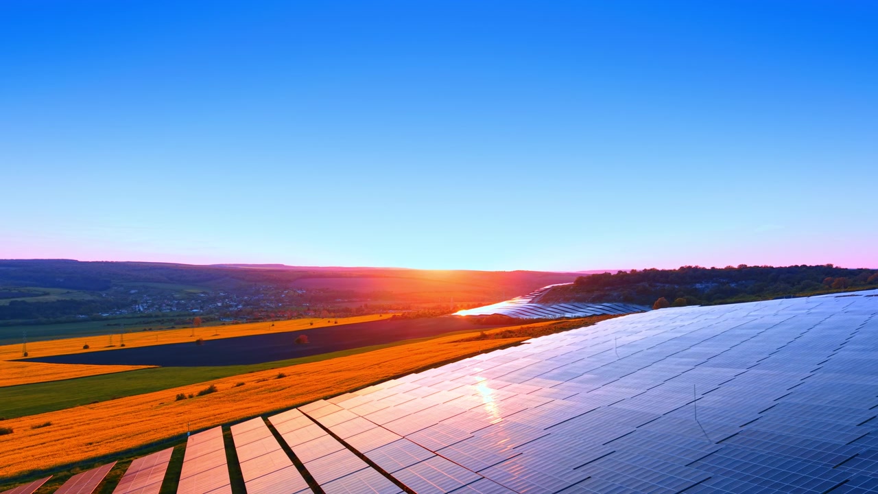 Solnedgangslys over solcellepark i landlige omgivelser. Diagonale rækker reflekterer gylden sol med grønne og ravfarvede marker, blå himmel.