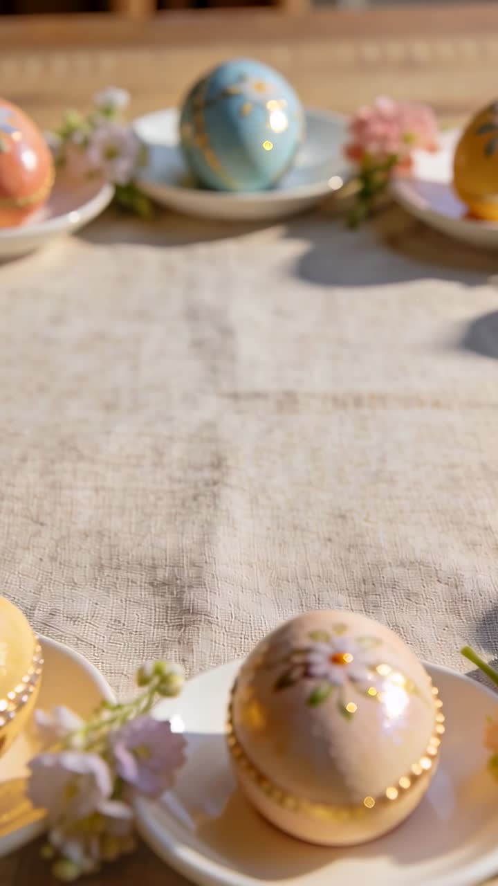 Vertical video: Pulling lens revealing painted egg on dish at linen table showing Easter display