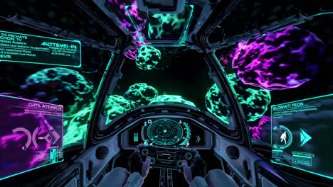 futuristic spaceship cockpit view in deep space