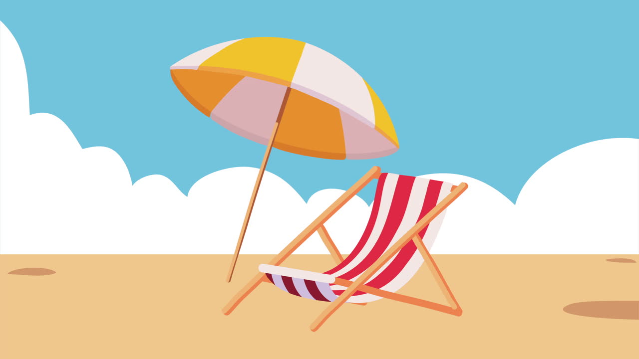 escena de playa con paraguas y silla