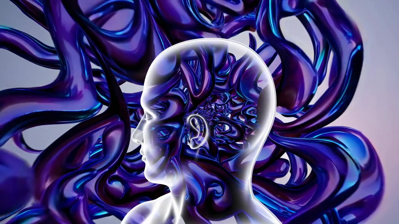 Animazione 3D astratta di una testa umana con energia liquida fluente
