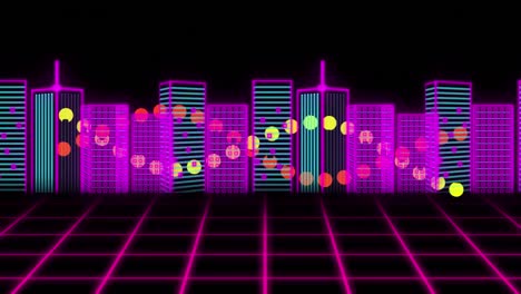 animación de una cadena de adn girando sobre el paisaje urbano y luces brillantes