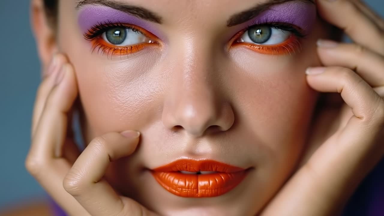 A close up of a woman's face with bright orange lipstick
