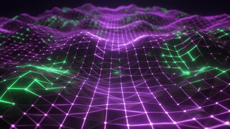 Abstract Digital Wave Surface with Glowing Purple and Green Network Grid