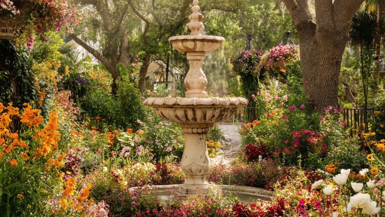 Un'oasi di giardino serena con una maestosa fontana circondata da fioriture vibranti e vegetazione lussureggiante, catturata in due splendide inquadrature