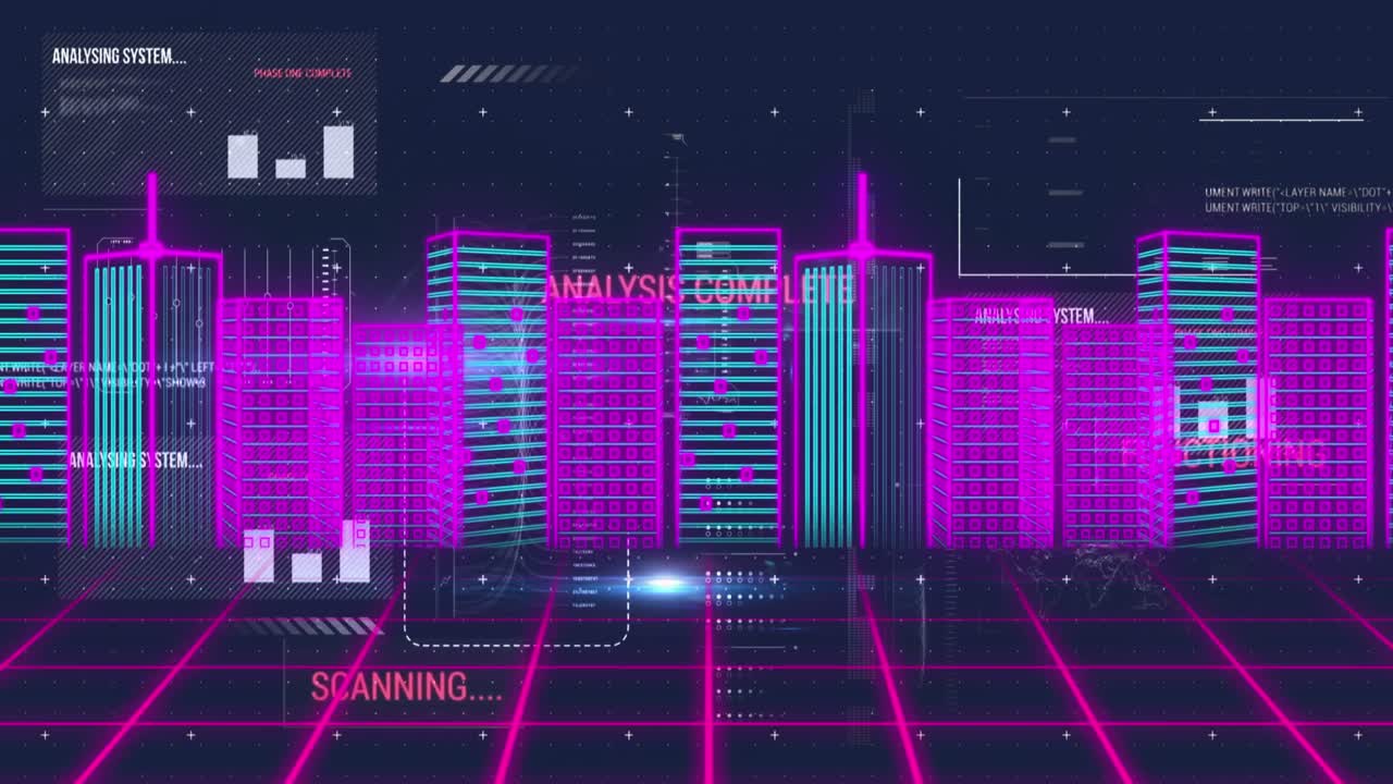 Animation of interface with data processing on grid network against 3d city model on blue background