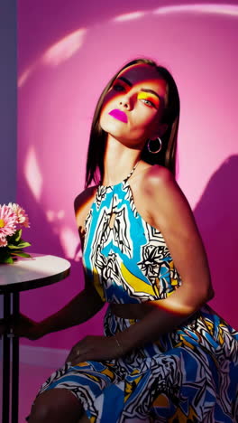 vibrant fashion portrait series with bold makeup and abstract patterns