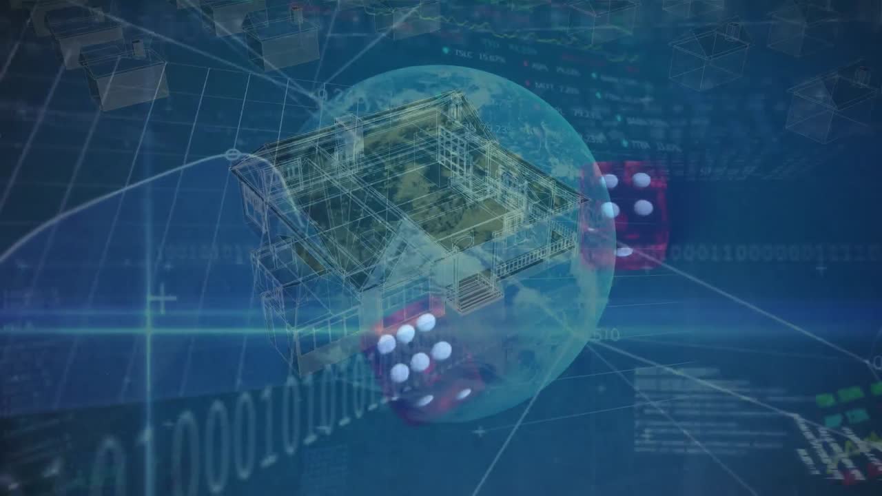 데이터 프로세싱의 애니메이션과 집과 주사위 위의 지구