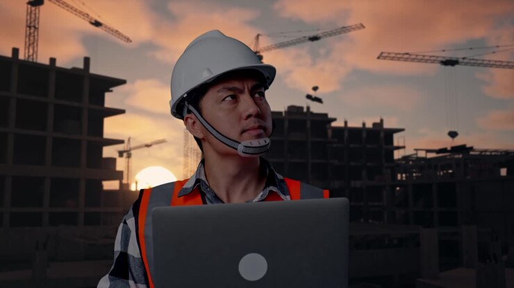 Close Up Of Asian Male Engineer With Safety Helmet Working On A Laptop And Looking Around While Standing At Building & Construction Site in Progress to New House