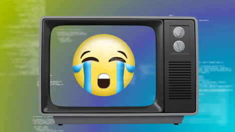 스크린 에 울고 있는 이모티콘 을 가진  ⁇ 은 tv 의 앞면