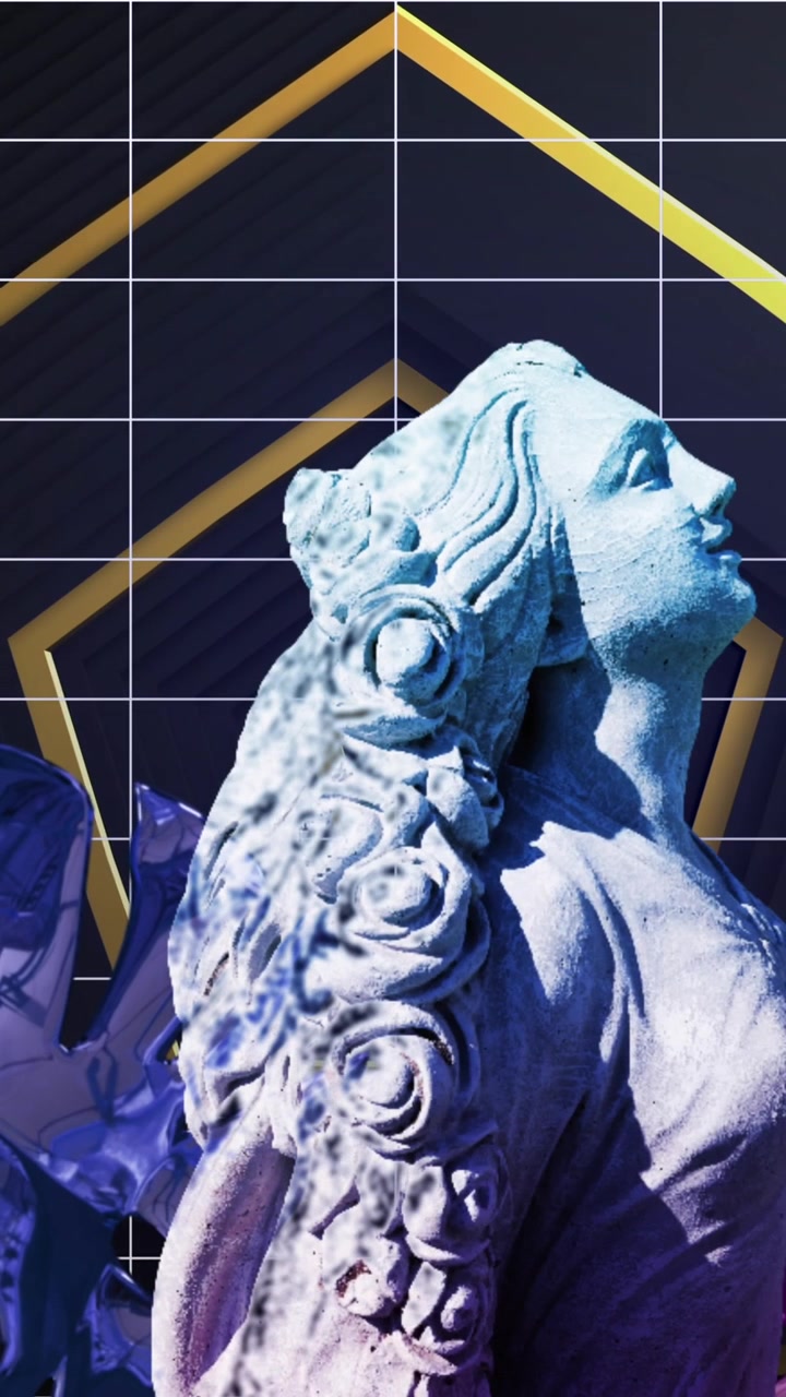 Animazione di una scultura classica di donna distorta su esagoni dorati e griglia su sfondo nero